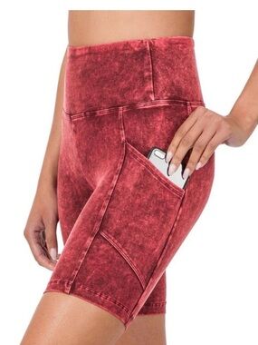Zenana Outfitters Red Mineral-Wash High-Rise Bike Shorts with Side Pocket 3X